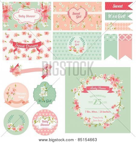 Scrapbook Design Elements - Baby Shower Flower Theme - in vector