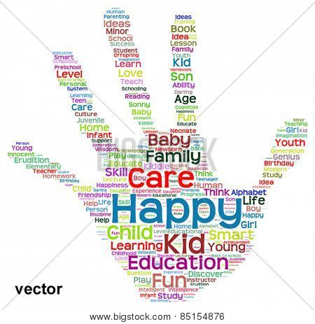 Vector concept conceptual education abstract hand print word cloud, metaphor to child, family, school, life, learn, knowledge, home, study, teach, educational, achievement, childhood, teen handprint