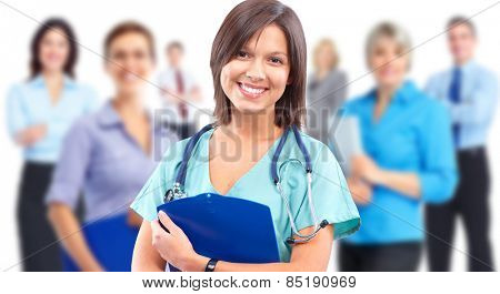 Medical doctor woman over health care background