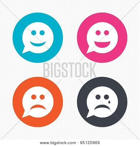 Speech bubble smile face icons. Happy, sad, cry.