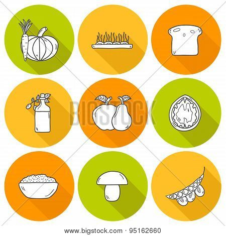 Set of modern outline icons with shadows in hand drawn style on vegan food theme