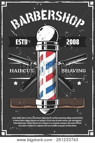 Barbershop Retro Poster With Sharp Old Razor. Haircut And Beard Styling, Shaving Salon For Men Or Hi