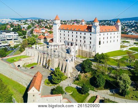 Bratislava Castle Or Bratislavsky Hrad Aerial Panoramic View. Bratislava Castle Is The Main Castle O