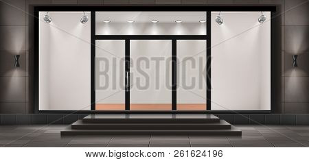 Vector Illustration Of Storefront With Steps And Entrance Door, Glass Illuminated Showcase For Prese