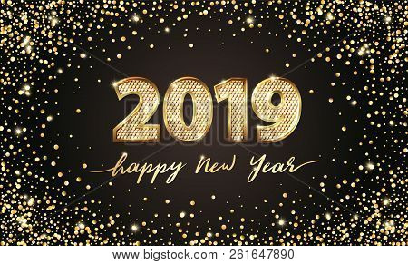 Golden Vector Luxury Text 2019 Happy New Year. Gold Festive Numbers Design, Diamonds Texture. Gold S