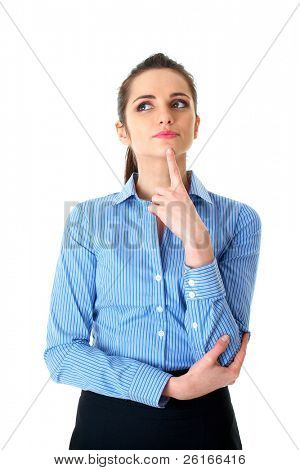 young businesswoman hold her finger at her chin, hard decision, studio shoot isolated on white background