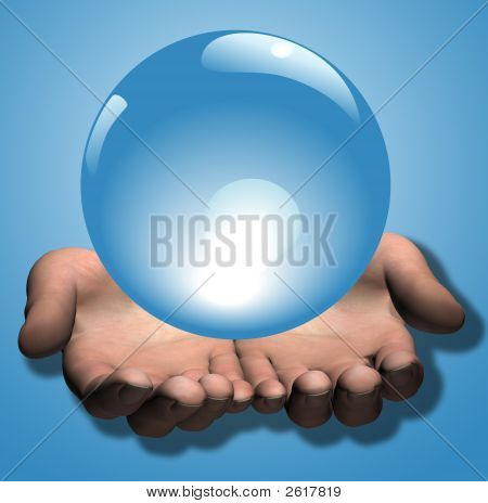 Shiny Blue Crystal Ball In 3D Hands Illustration