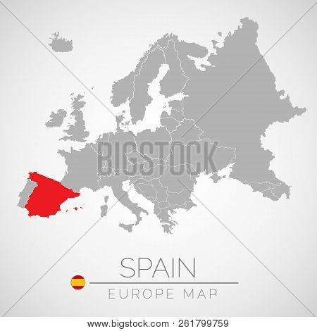 Map Of European Union With The Identication Of Spain. Map Of Spain. Political Map Of Europe In Gray 