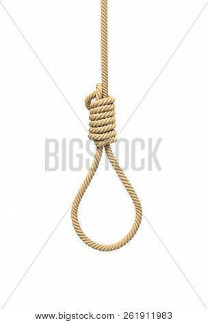 3D Rendering Of A Hangman's Noose Made Of Natural Beige Rope Hanging On A White Background.