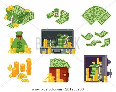 Money Banknote. Cash Bag, Banknotes Wallet And Dollars Heap In Safe. Lots Dollar Piles And Gold Coin