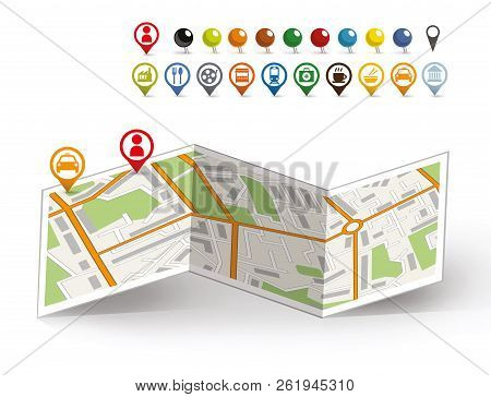 Location On The Markers Map. Location On The Map Of Markers Of My Position And Taxi. City Map With V