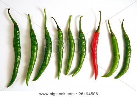 Hot chilli peppers, with one standing out as different from the crowd