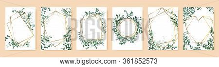 Green Leaf Frames. Spring Wedding Invitations, Floral Branches Gold Geometric Borders. Elegant Flora