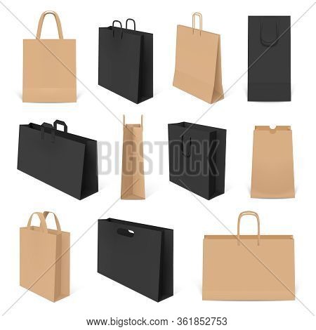 Realistic Shopping Bags. Paper 3d Bag Mockup, Craft Handbags And Corporate Identity Packaging. Packa