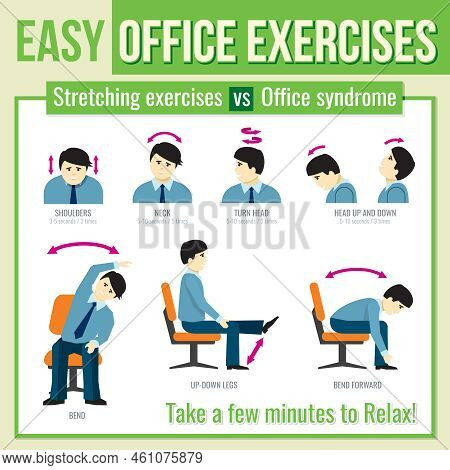 Office Exercises With Businessman Character. Relax Exercise, Infographic Health Exercise, Man Head T