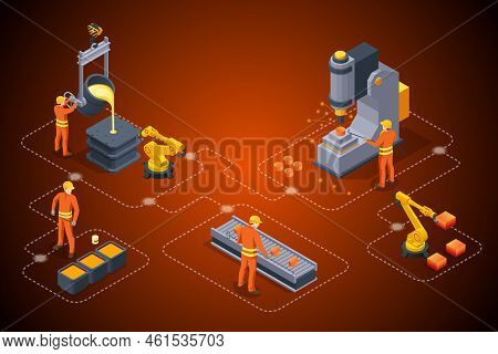 Isometric Industrial Steel Production And Metallurgy. Foundry Metallurgy Processes In Factory Worker