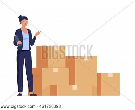 Inventory Manager Woman Character Accounting Goods Lying In Carton Boxes In Warehouse. Storehouse Di