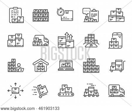 Inventory Line Icons. Warehouse Manager, Wholesale Stock, Goods Checklist. Delivery Logistic, Box Sh