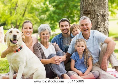 Retrato de uma família extensa com seu cão de estimação sentado no parque