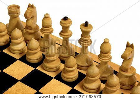 Chessboard With Figures On White Background. A Game For The Mind And The Development Of Thought. Iso