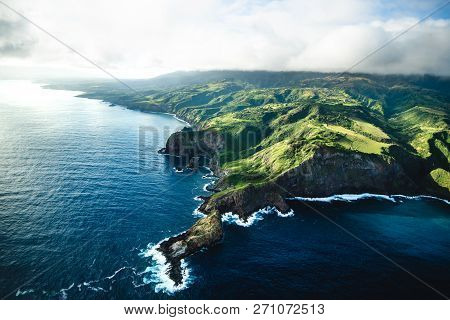 Beautiful Aerial View Of Tropical Island Paradise Nature Scene Of Maui Hawaii On Clear Sunny Day Wit