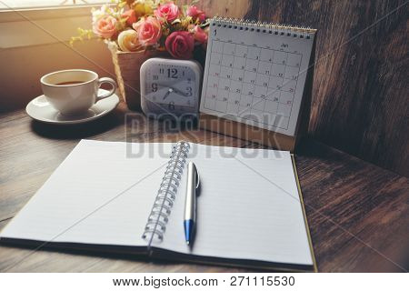 Desktop Calendar 2019 ,cup Of Coffee Place On Office Desk.calender And Notebook For Planner, Timetab