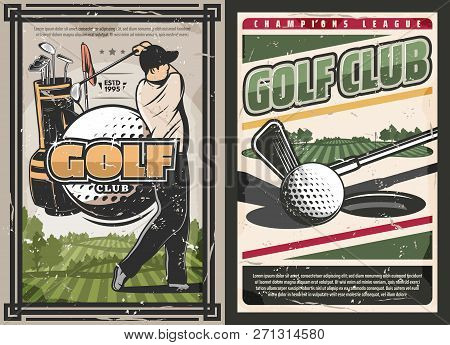 Golf Club Vintage Posters, Sport Game With Professional Golfer. Vector Sportsman With Stick Hits Bal