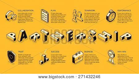 Business Partnership Line Art, Isometric Vector Banner. Corporate Principles, Business Teams Collabo