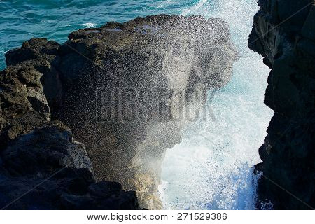 Wave Breaking Down To Splashes At The Shore Rocks At Gris-gris, Mauritius Island.