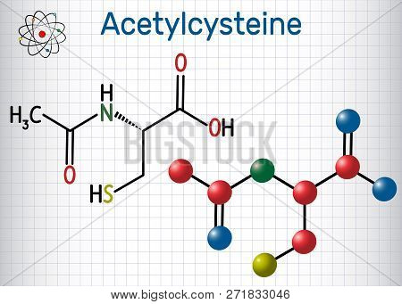 Acetylcysteine (n-acetylcysteine, Nac) Drug Molecule. Structural Chemical Formula And Molecule Model