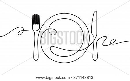 Line Fork, Knife And Plate. Continuous One Line Drawing Cutlery, Cooking Utensils. Hand Drawn Dishwa