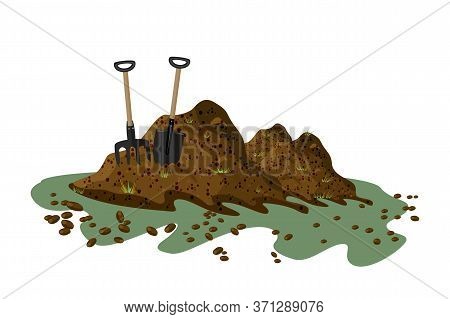 Pile Of Soil Isolated On White Background. Hayfork And Shovel In A Pile Of Ground. Heap Of Substrate