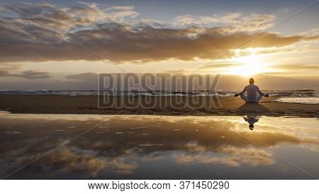 Yoga Meditation Silhouette Lotus Sunrise Beach, Mindfulness, Wellness And Wellbeing Concept, Water R