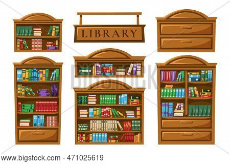 Inside Library Room. Bookshelf With Books. Home Furniture. Wooden Bookcase. Science Shelf In House. 