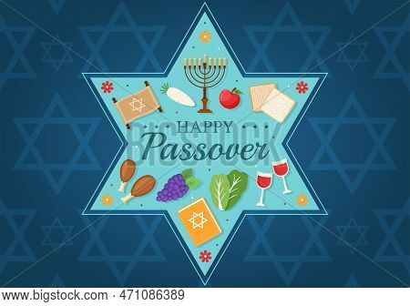 Happy Passover Illustration With Wine, Matzah And Pesach Jewish Holiday For Web Banner Or Landing Pa