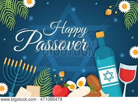 Happy Passover Illustration With Wine, Matzah And Pesach Jewish Holiday For Web Banner Or Landing Pa