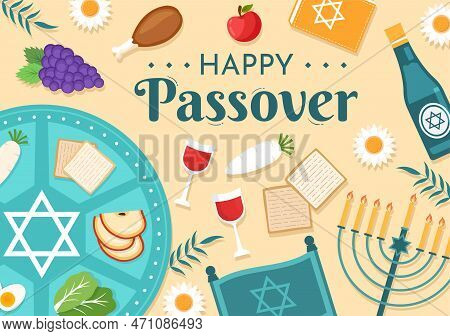 Happy Passover Illustration With Wine, Matzah And Pesach Jewish Holiday For Web Banner Or Landing Pa