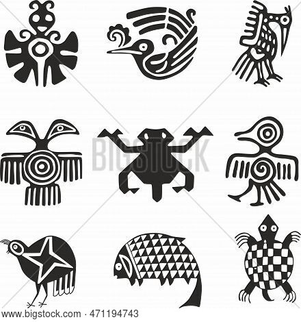 Vector Monochrome Set Of Indian Symbols, Native Americans. Indigenous Signs Of Central And South Ame