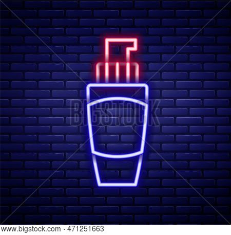 Glowing Neon Line Tube Of Hand Cream Icon Isolated On Brick Wall Background. Colorful Outline Concep