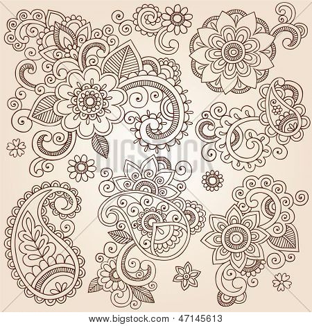 Henna Paisley kukkia Mehndi tatuointi Doodles Set abstrakti kukka-kuva Design-elementtejä