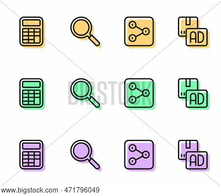 Set Line Share, Calculator, Magnifying Glass And Advertising Icon. Vector