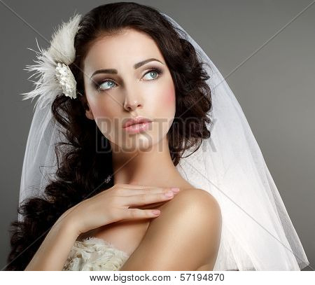 Wedding. Young Gentle Quiet Bride In Classic White Veil Looking Away