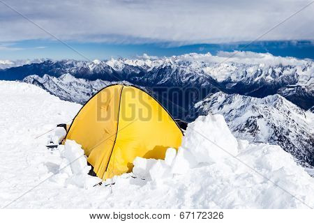 Camping In Caucasus Mountains On Elbrus Landscape