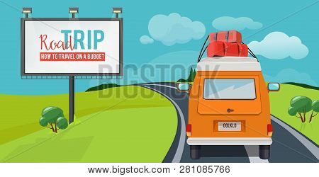 Road Trip. Adventure Concept With Vacation Travel Driving Car On Highway Vector Urban Landscape Cart