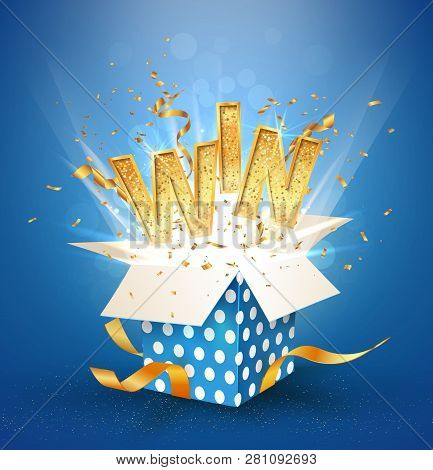 Win Gold Text. Open Textured Blue Box With Confetti Explosion Inside And Golden Win Word. Flying Par