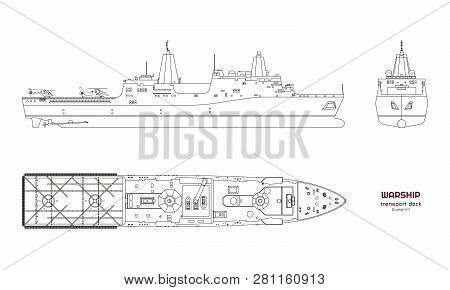 Outline Image Of Military Ship. Top, Front And Side View. Battleship 3d Model. Industrial Isolated D