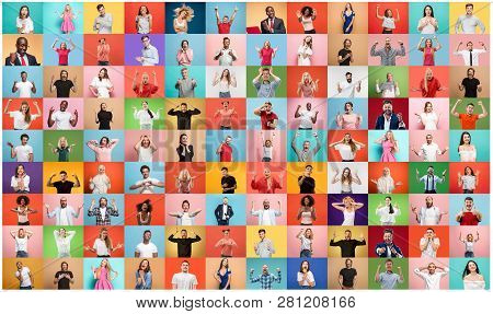 The Collage Of Faces Of Surprised People On Colored Backgrounds. Happy Men And Women Smiling. Human 