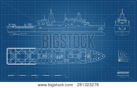 Outline Blueprint Of Military Ship. Top, Front And Side View. Battleship Model. Industrial Isolated 