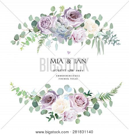 Dusty Violet Lavender, Creamy And Mauve Antique Rose, Purple Pale Flowers, Succulent Vector Design W