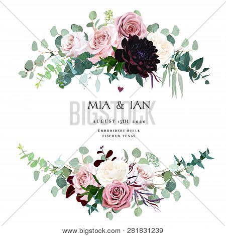 Dusty Pink, Creamy And Mauve Antique Rose, Pale Flowers Vector Design Wedding Bouquets. Eucalyptus, 